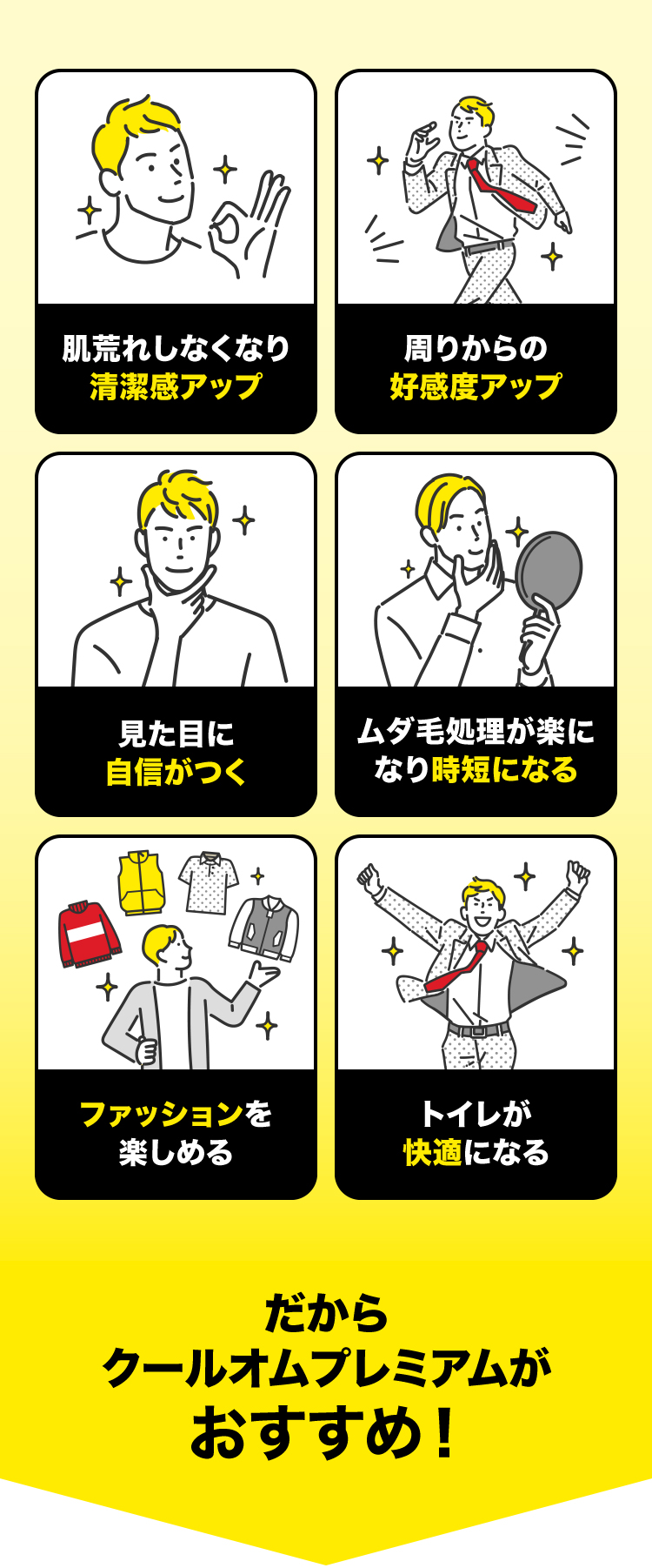 肌荒れしなくなり清潔感アップ 周りからの好感度アップ 見た目に自信がつく ムダ毛処理が楽になり時短になる ファッションを 楽しめる トイレが快適になる だからクールオムプレミアムがおすすめ