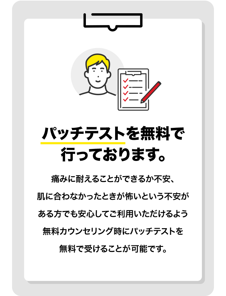 パッチテストを無料で行っております。痛みに耐えることができるか不安肌に合わなかったときが怖いという不安がある方でも安心してご利用いただけるよう無料カウンセリング時にパッチテストを無料で受けることが可能です。